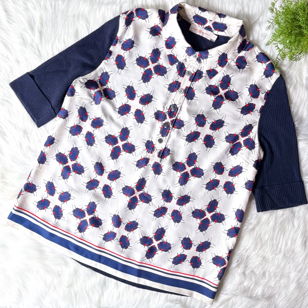 Tory Burch Silk Front Panel Beetle Bug Collar Short Sleeved Sweater Top Size M